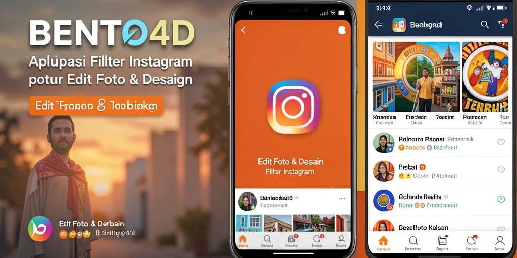 Antarmuka aplikasi <strong>BENTO4D</strong> yang menampilkan berbagai filter Instagram.